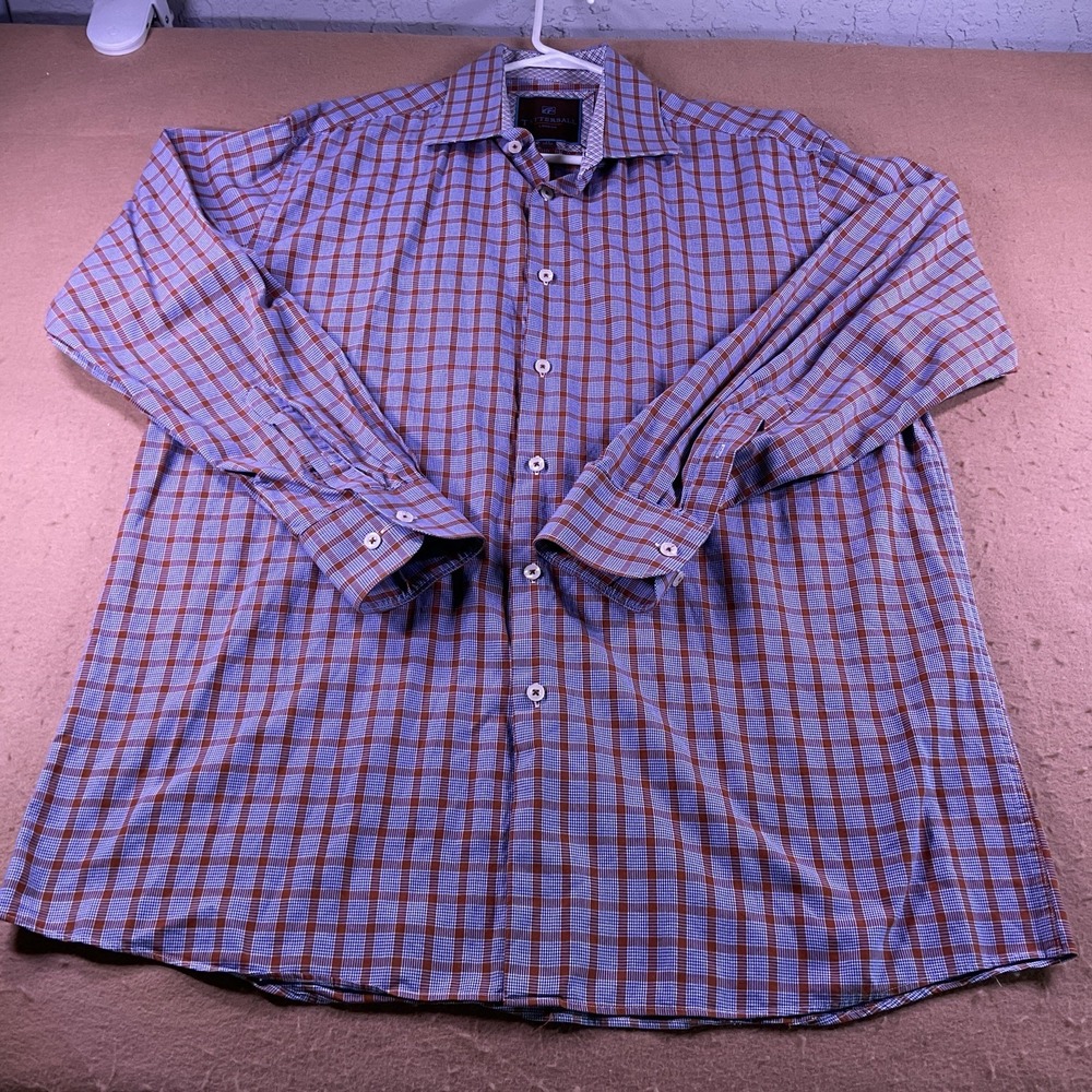 Tattersall London Mens 17 34/35 Blue Orange Plaid Cotton Button Down Shirt L/XL